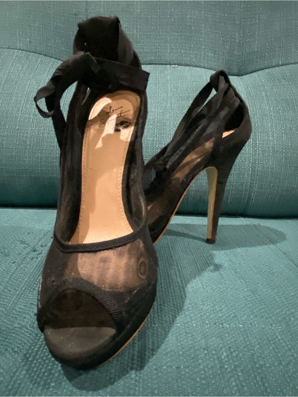 Colin Stuart Black Mesh Peep-Toe Stiletto Heels with Ankle Wrap